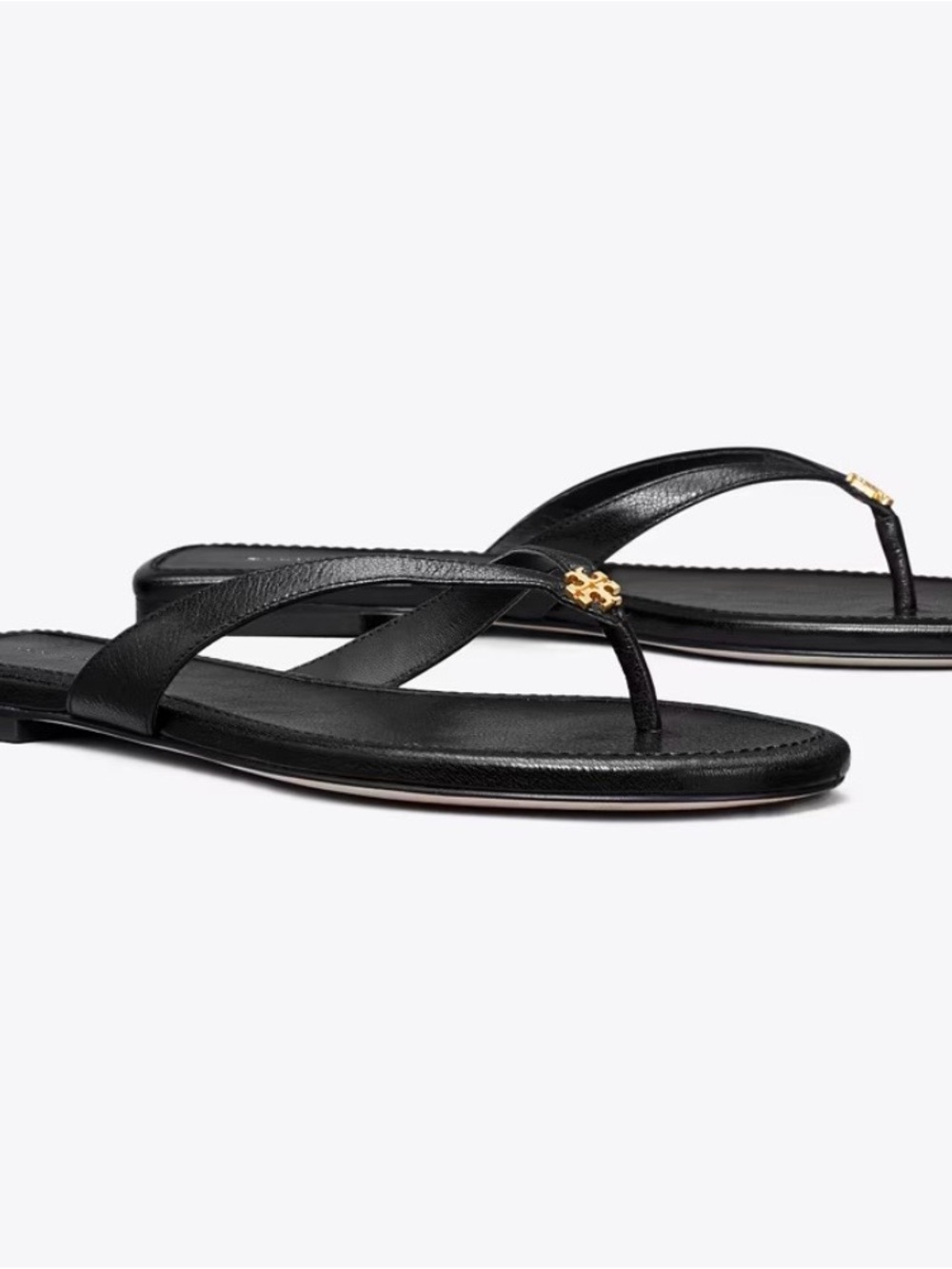 Tory Burch Classic Black Leather Thong Sandals with Gold Logo 9.5
